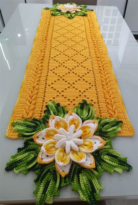 Trilho de mesa em crochê flor inspiração Crochet padrão toalha de