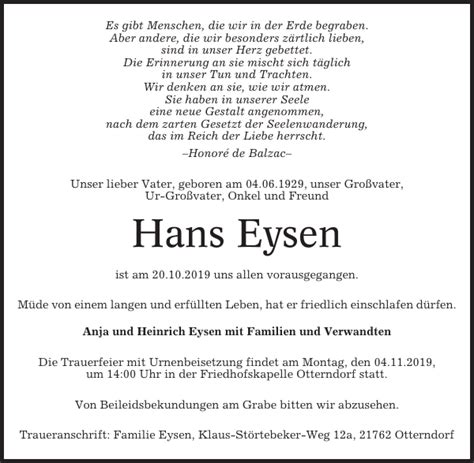 Hans Eysen Traueranzeige Cuxhavener Nachrichten