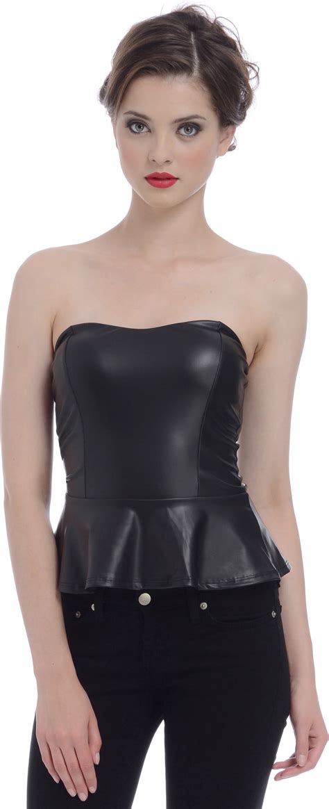 Strapless Black Faux Leather Bustier Peplum Top Walmart