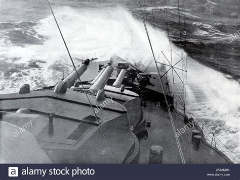 WW1 British Dreadnought warship in a north sea Gale, vintage photograph ...