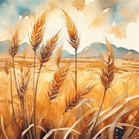 A Drawing Of A Wheat Field With Mountains In The Background Premium