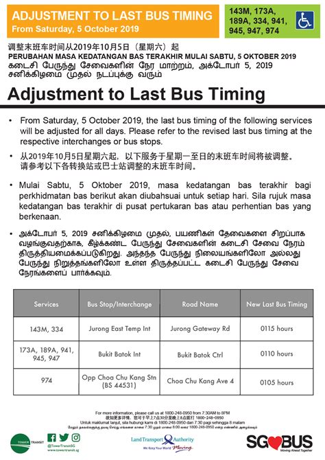 Change in Last Bus Timing for Services 143M, 173A, 189A, 334, 941, 945 ...