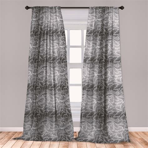 Black And Grey Curtains 2 Panels Set Pattern With Fern Leaves And Big Flowers Abstract Scroll