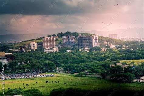 Beautiful Aerial View Landscape Of Green Pune City Maharashtra India