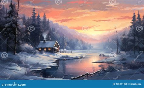 Beautiful Winter Landscape: Digital Painting of Mountain Cabin in ...