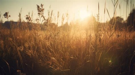 Um campo de grama o sol se pondo atrás dele Foto Premium