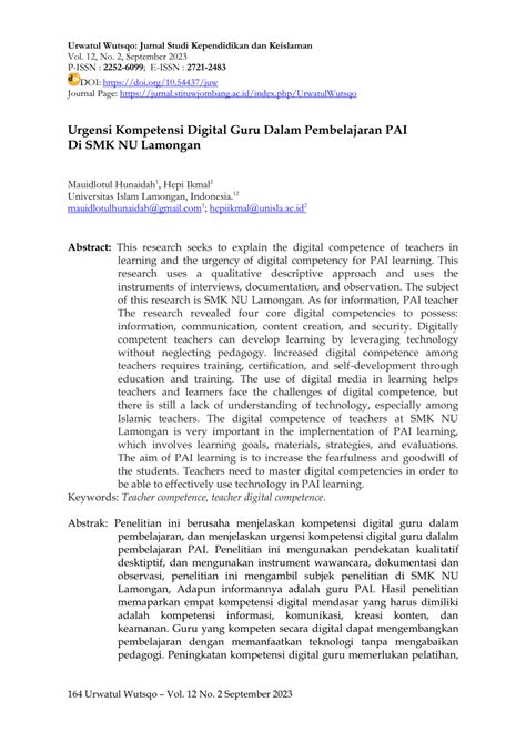 PDF Urgensi Kompetensi Digital Guru Dalam Pembelajaran PAI Di SMK NU