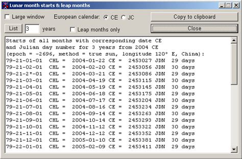 Chinese Calendrics: List Lunar Month Starts and Leap Months