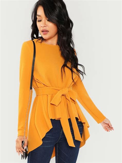 Self Belted Asymmetrical Hem Top Shein Blouses For Women Round Neck Blouses Long Sleeve Blouse