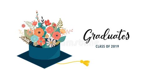 Graduate Class Of 2019 Caps And Flowers On A White Background Vector