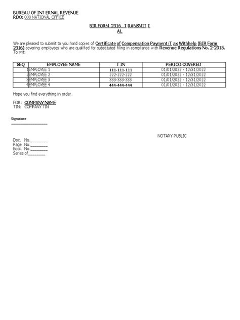 Bir Form 2316 Transmittal Form Pdf