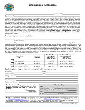 Fillable Online Construction Hydrant Meter Memorandum Of