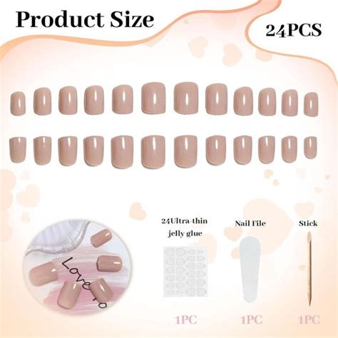 24 Stuks Korte Nude Vierkante Medium Kunstnagels In Donkere Kleur Om Op Te Plakken Bol