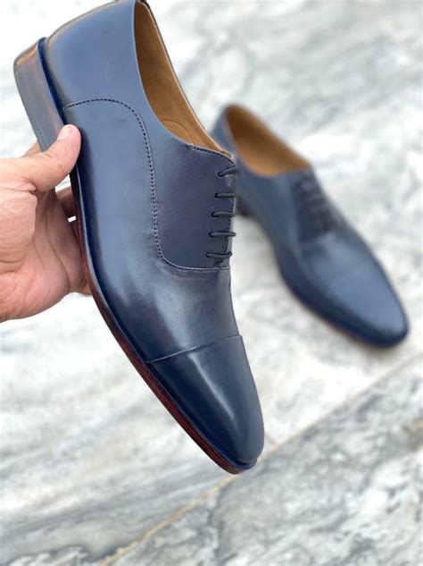 Handmade Mens Navy Blue Leather Oxfords Shoes Men Blue Leather Dress