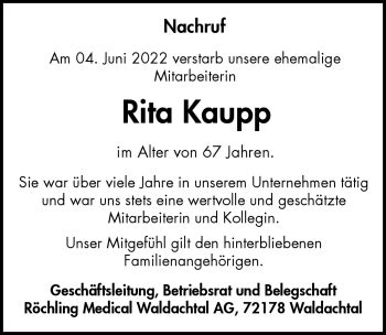 Traueranzeigen von Rita Kaupp Schwarzwälder Bote Trauer