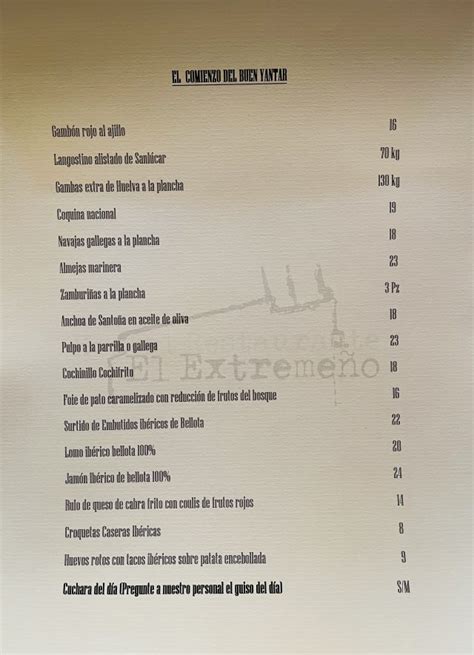 Carta Restaurante Restaurante Alojamientos El Extreme O