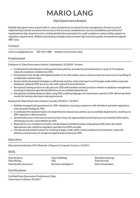 Data Governance Analyst Resume Cv Example And Writing Guide