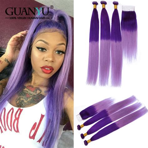 Guanyuhair Light Purple Peruvian Ombre Hair 3 Bundles With 4x4 Lace