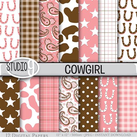 Cowgirl Digital Paper Pink Brown Cowgirl Printable Pattern