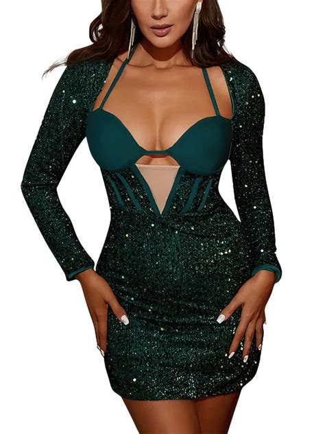 Dark Green Long Sleeve Sequin Bodycon Mini Dress Millybridal