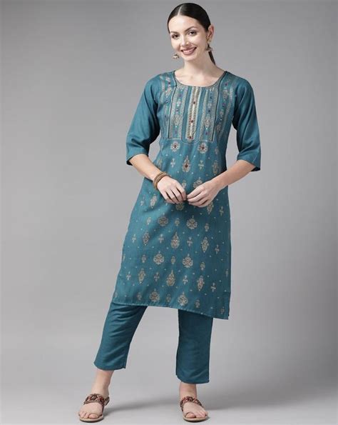 Aarika Womens Rama Color Cotton Kurti Pant Set Jiomart