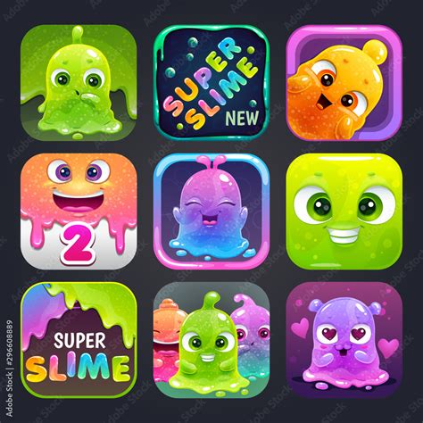 Funny cartoon colorful app icons for slime game logo design. Stock ...