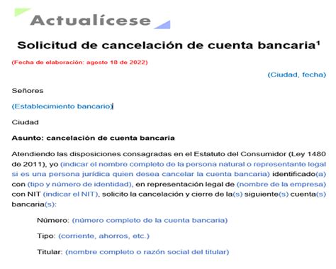 Solicitud De Cancelación De Cuenta Bancaria Actualícese