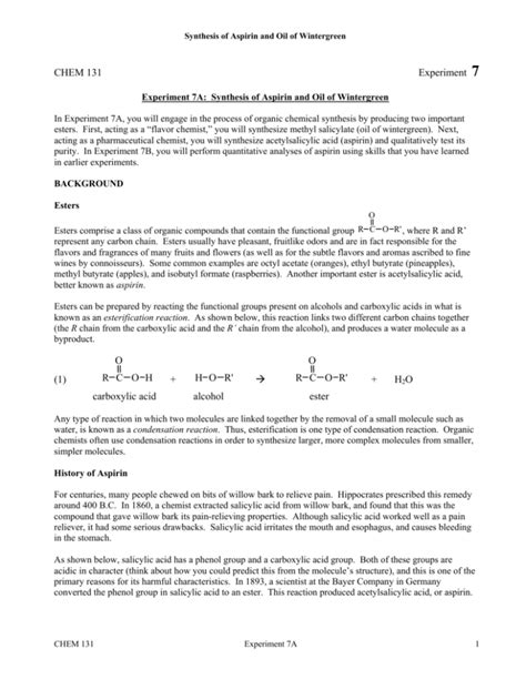 Experiment 7a Synthesis Of Aspirin And Oil Of Wintergreen