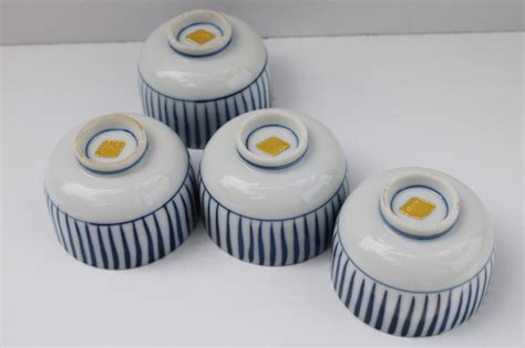 Vintage Omc Otagiri Tea Bowls Or Tiny Dishes Indigo Blue Line White