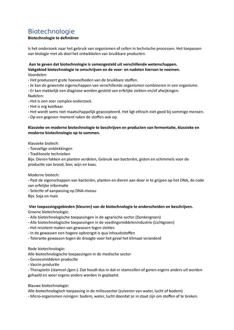 Biotechnologie Samenvatting Biotechnologie Biotechnologie Te