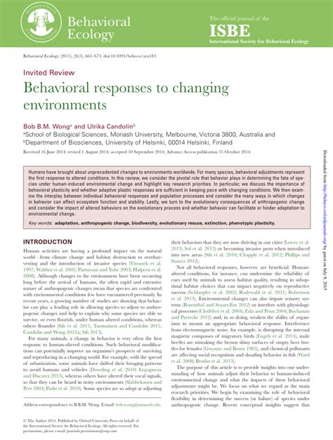 Pdf Behavioral Responses To Changing Environments