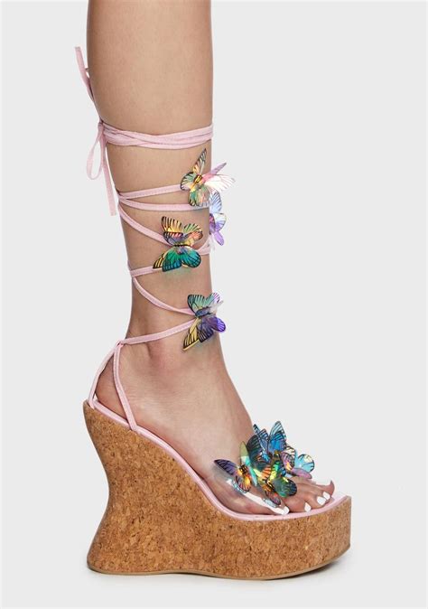 Sugar Thrillz Butterfly Lace Up Wedge Platform Heels Pink Dolls Kill