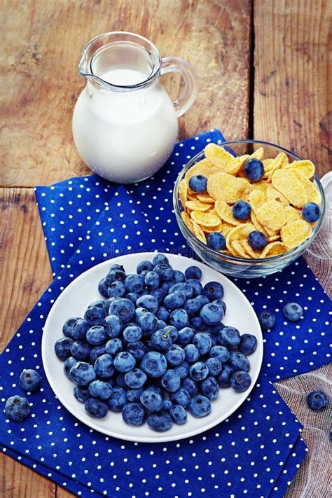 Healthy Breakfast With Corn Flakes Berries Blueberry Milk On Stock