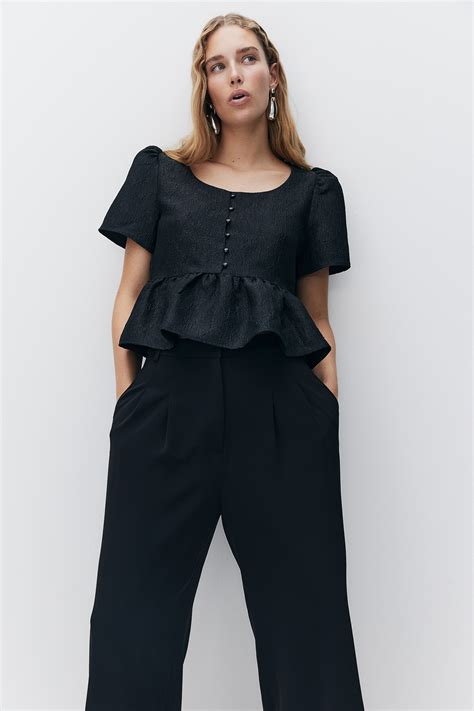 Блуза от брокат с пеплум - Черен - ЖЕНИ | H&M BG