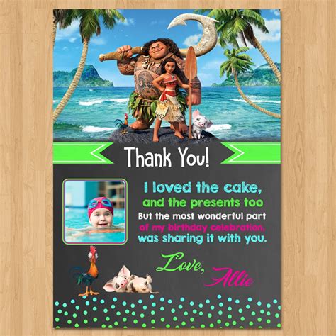 Moana Thank You Card Chalkboard Pink Moana Birthday Party Thanks Moana