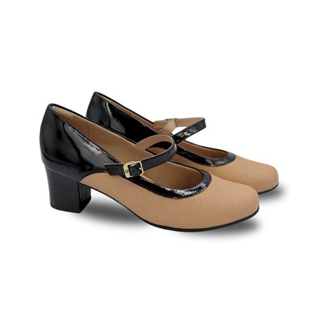 Sapato Casual Piccadilly Salto Bloco Baixo Joanete Bicolor Nude Claro Preto Zona Franca
