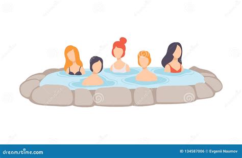 People Enjoying Outdoor Jacuzzi Men And Women Relaxing In Hot Water In Bath Tub Vector