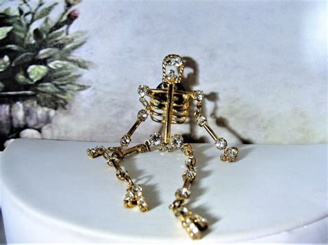 Gold Vermeil Rhinestone Skeleton Lapel Pin Skeleton Pin Articulating