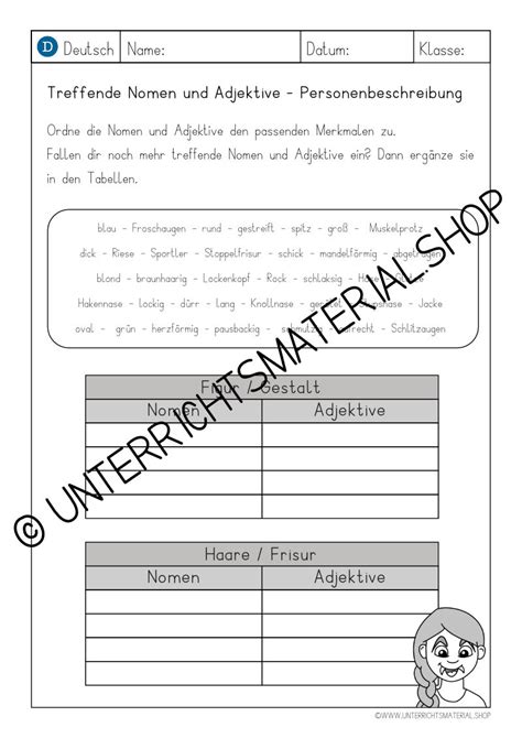 Personenbeschreibung Adjektive Finde Treffende Nomen Adjektive