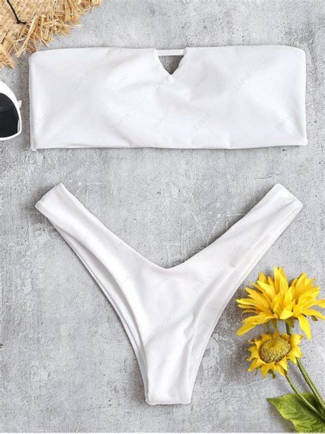 Off V Cut Bandeau Thong Bikini Set In White Zaful