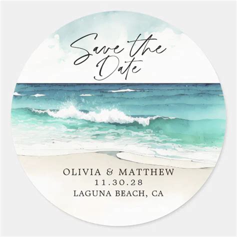 Modern Watercolor Ocean Beach Save The Date Classic Round Sticker Zazzle