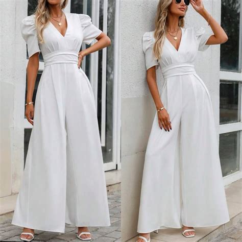 Shein Vcay Plunging Neck Puff Sleeve Wide Leg White Semi Formal Puff