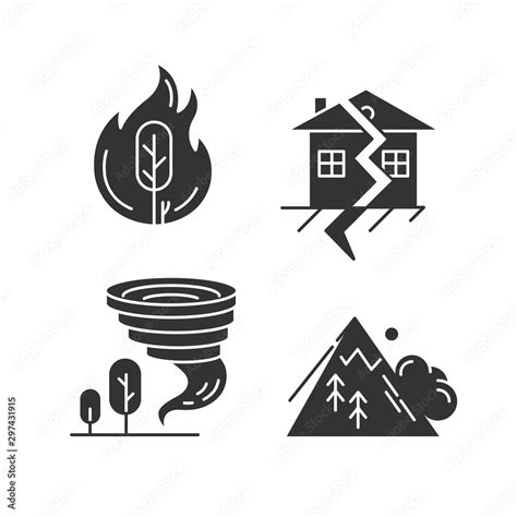 Natural Disaster Glyph Icons Set Global Catastrophes Wildfire