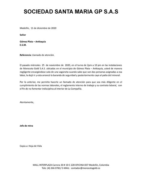 Llamado de atención al personal de la empresa SOCIEDAD SANTA MARIA GP