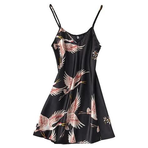 Women S Sexy Sling Mini Dress Nightdress Lingerie Silk Satin Sleepwear Floral Printing Nightwear