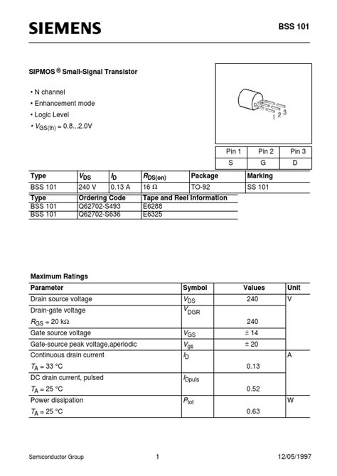 BSS101 Datasheet SIPMOS Small Signal Transistor