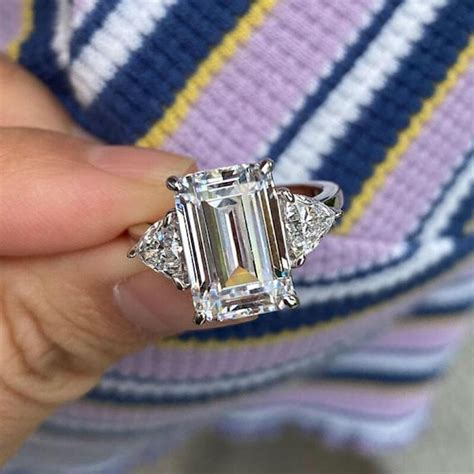 Three Stone Emerald Cut Moissanite Engagement Ring Emerald Etsy