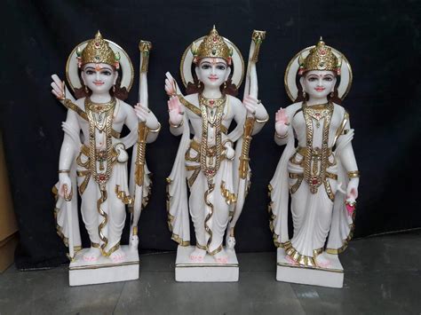 White And Golden Hindu Painted Marble Ram Darbar Murti For Worship At