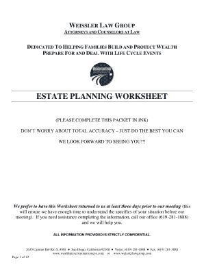 Fillable Online Estate Planning Worksheet Presbyterian Foundation Fax