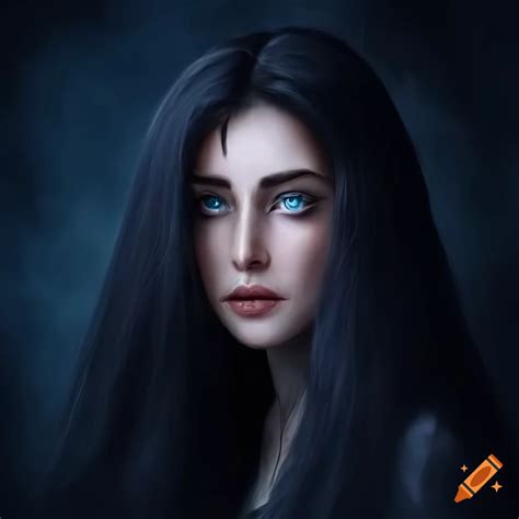 Beautiful Fantasy Warrior Woman With Piercing Blue Eyes And Long Black